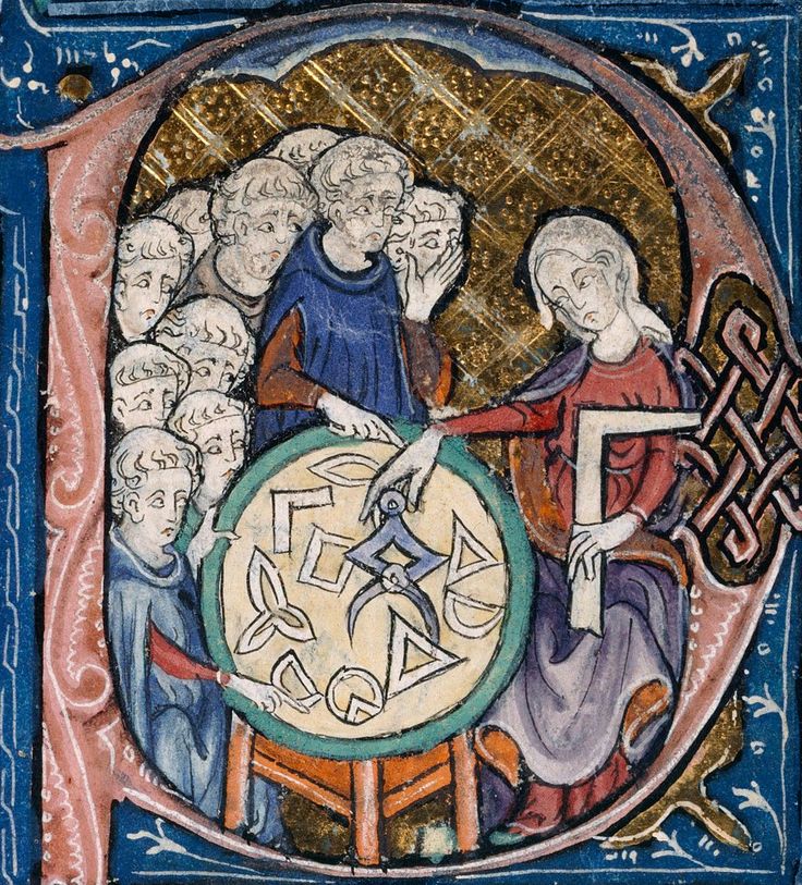 Allegoria della Geometria. Miniatura tratta dal manoscritto Burney 275 degli Elementi di Euclide, nella traduzione latina dall’arabo attribuita a Adelardo di Bath, circa 1309-1316 (British Library, Londra).