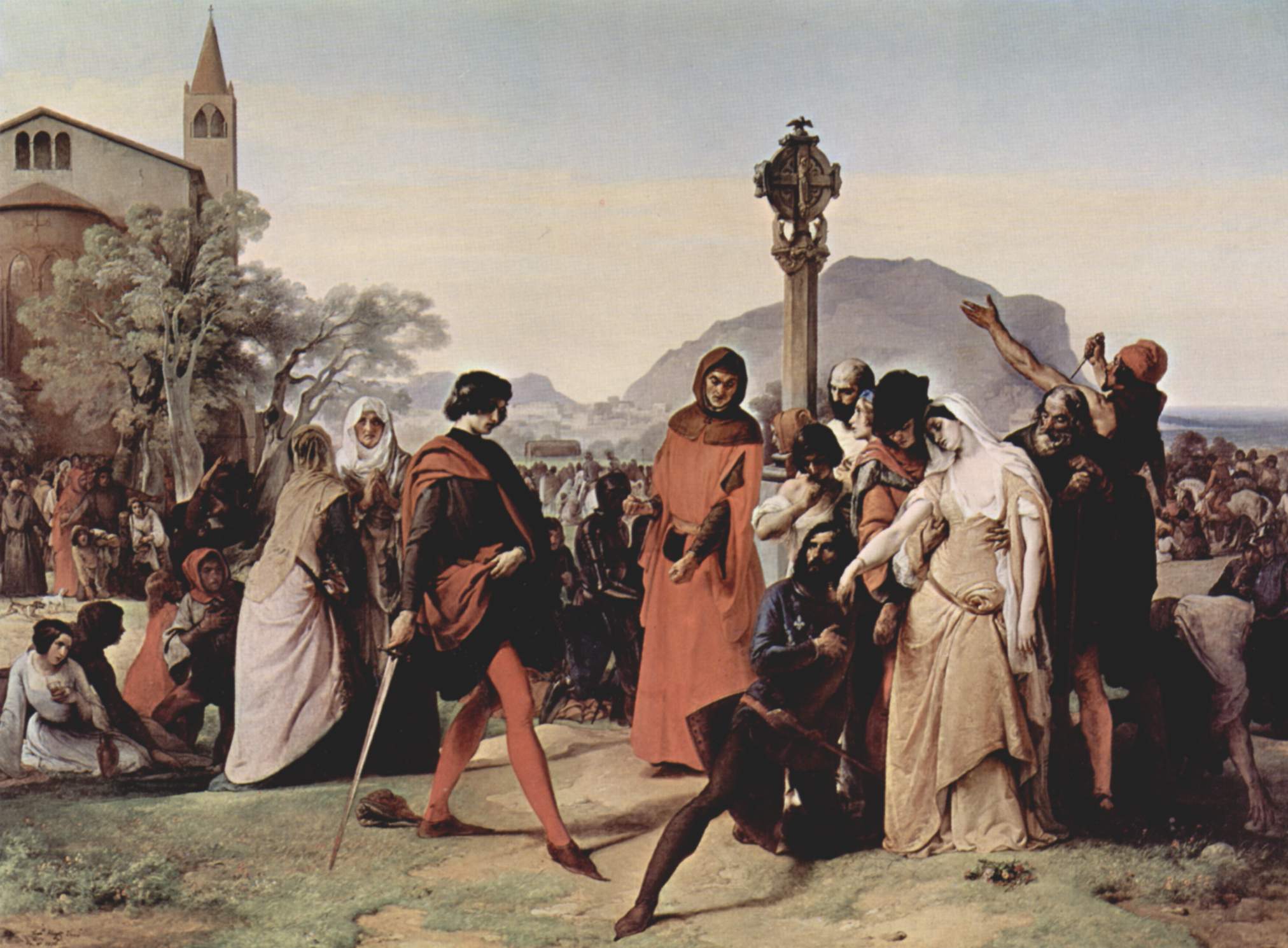 Drouet trafitto dalla spada viene ucciso, da I Vespri siciliani di Francesco Hayez (Galleria nazionale d'arte moderna e contemporanea).