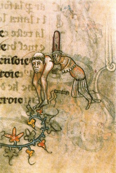 Illustrazione di un manoscritto, 1350 circa, che allude all'accusa di baci osceni tra i templari.