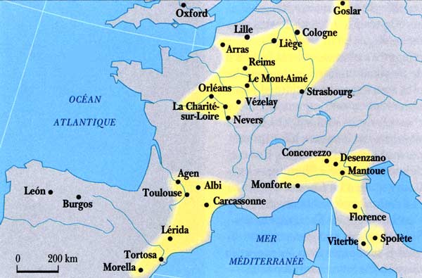 L'espansione del Catarismo agli inizi del XII secolo (mappa: Mire Peisset).
