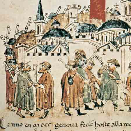 Pellegrini del Giubileo del 1300, da una Miniatura della “Cronica” di G. Sercambi. Archivio di Stato di Lucca, Biblioteca.