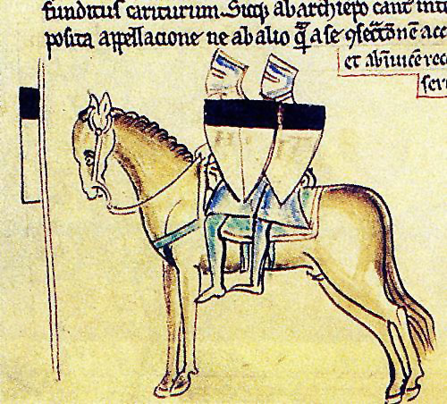 Una raffigurazione tipica dei cavalieri templari in un manoscritto del 1215.