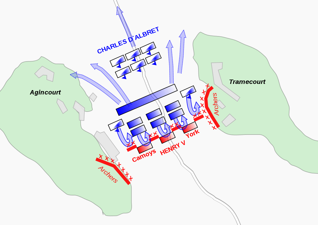 Rappresentazione schematica della battaglia le forze inglesi sono in rosso, le francesi in blu