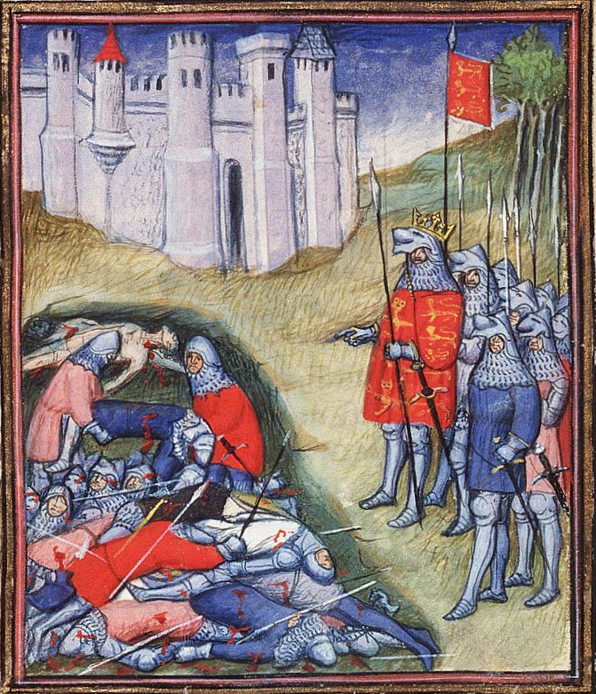 Edoardo III conta i morti dopo la battaglia di Crécy,  Jean Froissart, Chroniques (Vol. I).
