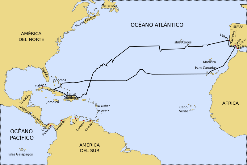 Il percorso del viaggio di Cristoforo Colombo nel 1492