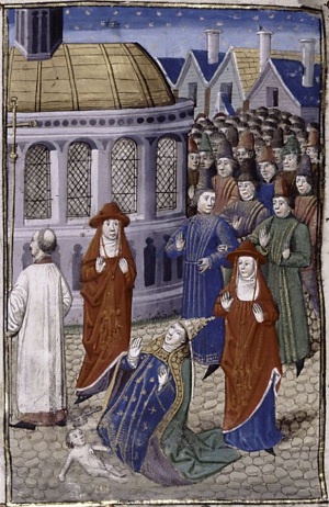 La papessa partorisce durante una processione (miniatura del 1450)