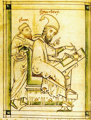 Platone impartisce insegnamenti a Socrate (Oxford, Bodleian Library, ms.Ashmole 304, c. 31v). La miniatura (1240 ca.) è opera di Matteo Paris, colui che definì Federico II stupor mundi