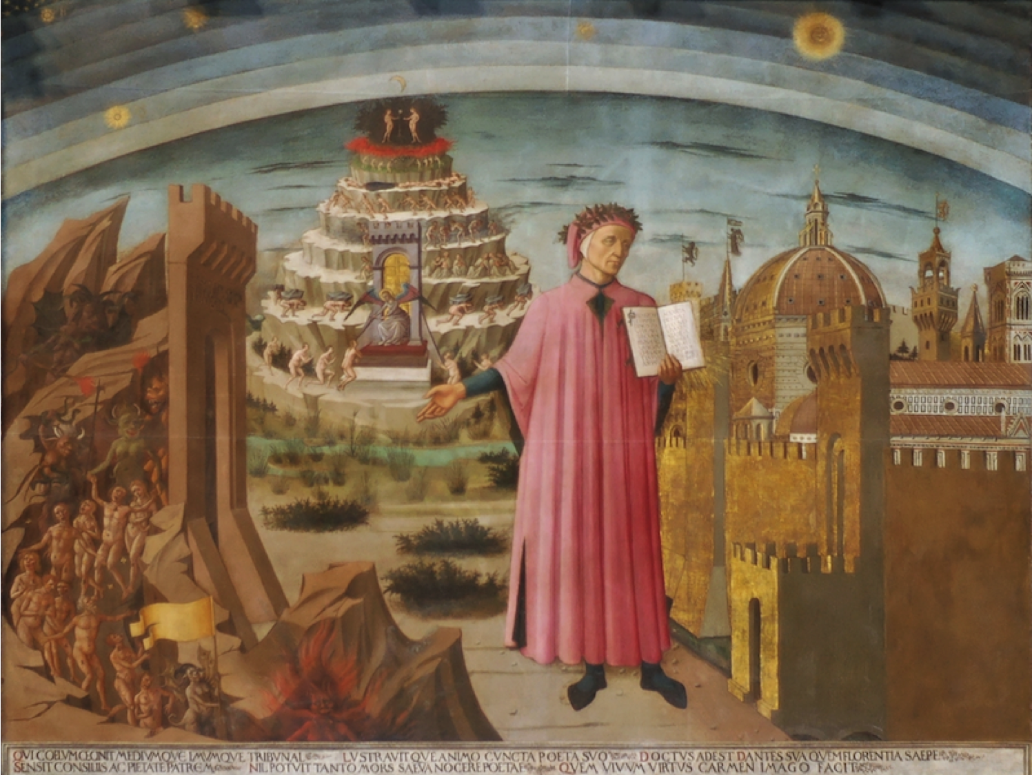 Dante e il suo poema, affresco di Domenico di Michelino nella Cattedrale di Santa Maria del Fiore, Firenze (1465)