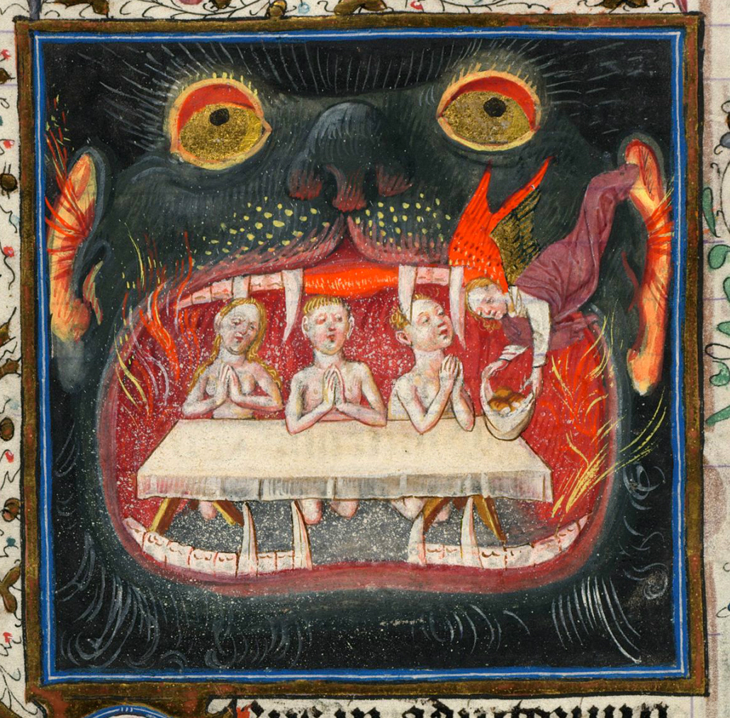 “Le anime del Purgatorio si consolano con le offerte”, miniatura tratta dal ‘Libro d’Ore di Cathèrine de Clèves’ (1440 circa), Morgan Library & Museum, New York.