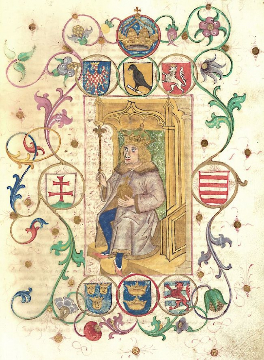 Araldica di Mattia Corvino dipinta su un manoscritto in tedesco di Johannes de Thurocz (1490)