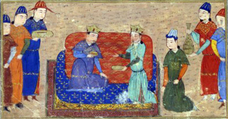 Gengis Khan e Ong Khan, illustrazione proveniente da un manoscritto di Jami al-tawarikh, XV secolo