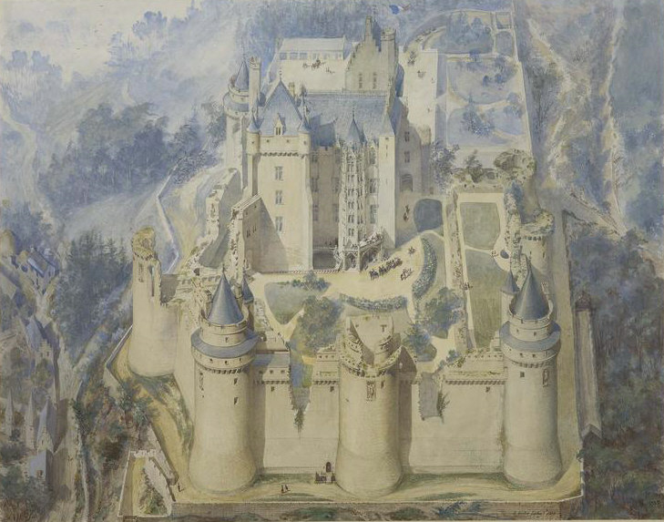 Vue cavalière du château de Un acquarello di Pierrefonds in corso di restauro (Viollet-le-Duc , 1858)