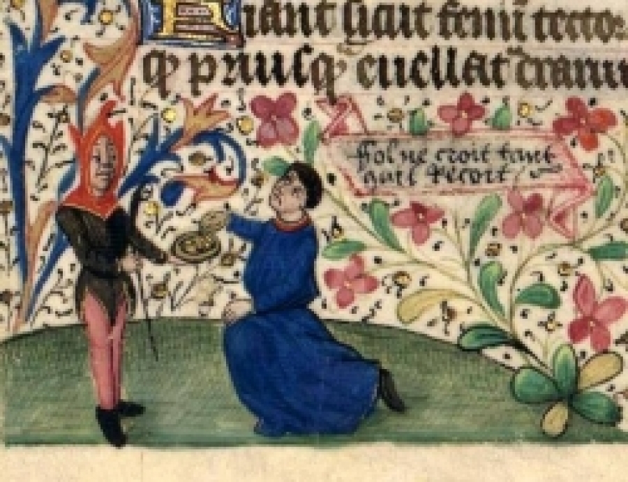 Una immagine del Livre des heures avec Proverbes, della  metà del XV secolo raffiguara il giullare che non crede se non riceve
